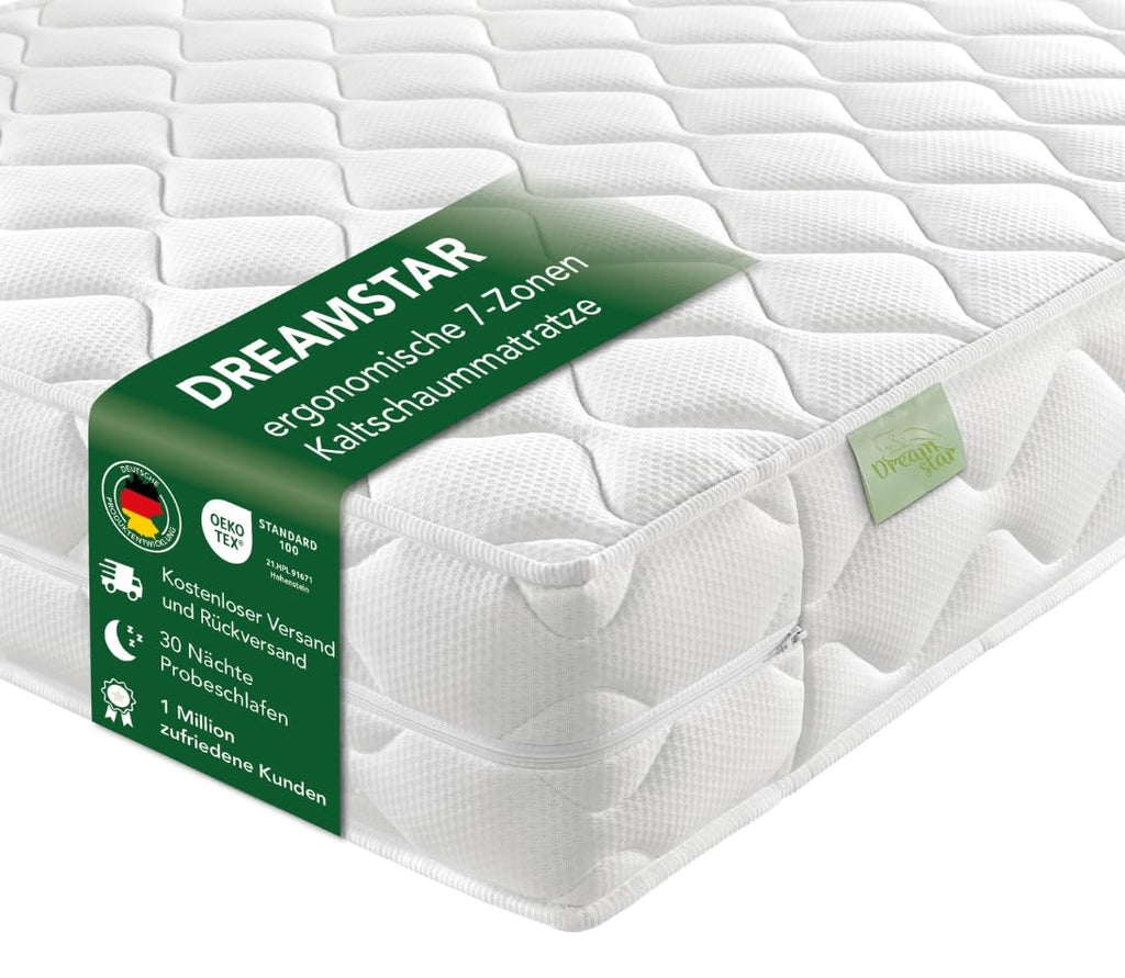 DREAMSTAR Ergo Flex XXL Duo 7-Zonen Matratze 140x200 cm | H2&H3 | Ergonomische Kaltschaummatratze | Hypoallergen & Antibakteriell | Bezug abnehmbar & waschbar | Öko-TEX® | (22cm, 140 x 200 cm)