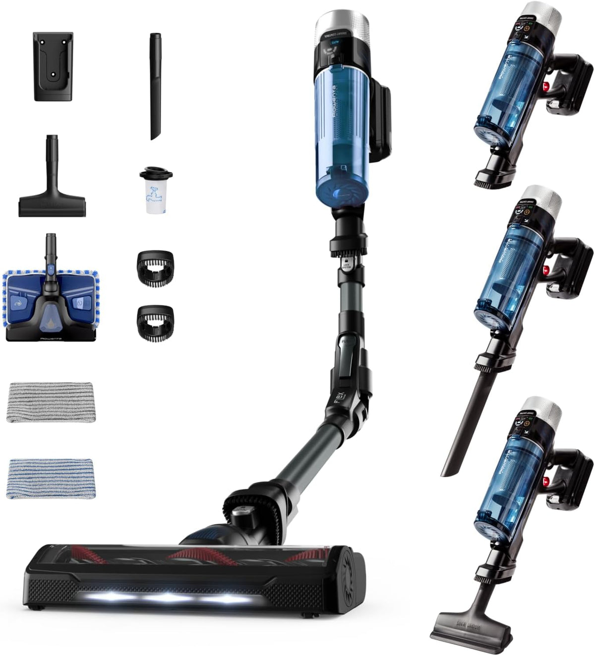Rowenta X-Force Flex 9.60 Allergy Aqua kabelloser Akku-Stabstaubsauger, 100 Air Watt, herausnehmbarer Akku, Staubsauger kabellos bis zu 45 Min. Laufzeit, kompakt, Flex-Gelenk, blau-schwarz, RH20C2