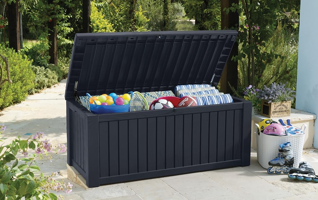 Keter Kissenbox Rockwood, graphit, 570l Fassungsvermögen, Außenmaße: 155 x 72,4 x 64,4 cm, Auflagenbox wasserdicht, für Outdoor geeignet, Keterbox