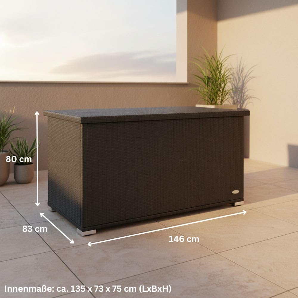 RS Trade Auflagenbox Wasserdicht XXL, 950l, Schwarz, Gartenbox, Aufbewahrungsbox Garten, Kissenbox Outdoor, Gartentruhe, Große Gartenkiste für Polster, Wetterfeste Garten-Aufbewahrung, Polyrattan