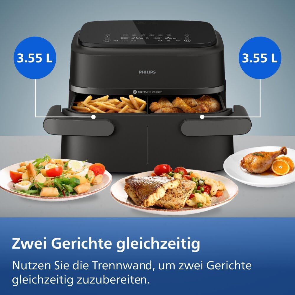 Philips Airfryer 1000 Series Hot Air Fryer, Black, 7.1 L | Flexible basket, RapidAir technology, touch screen, 10 cooking functions, HomeID app (NA154/00)