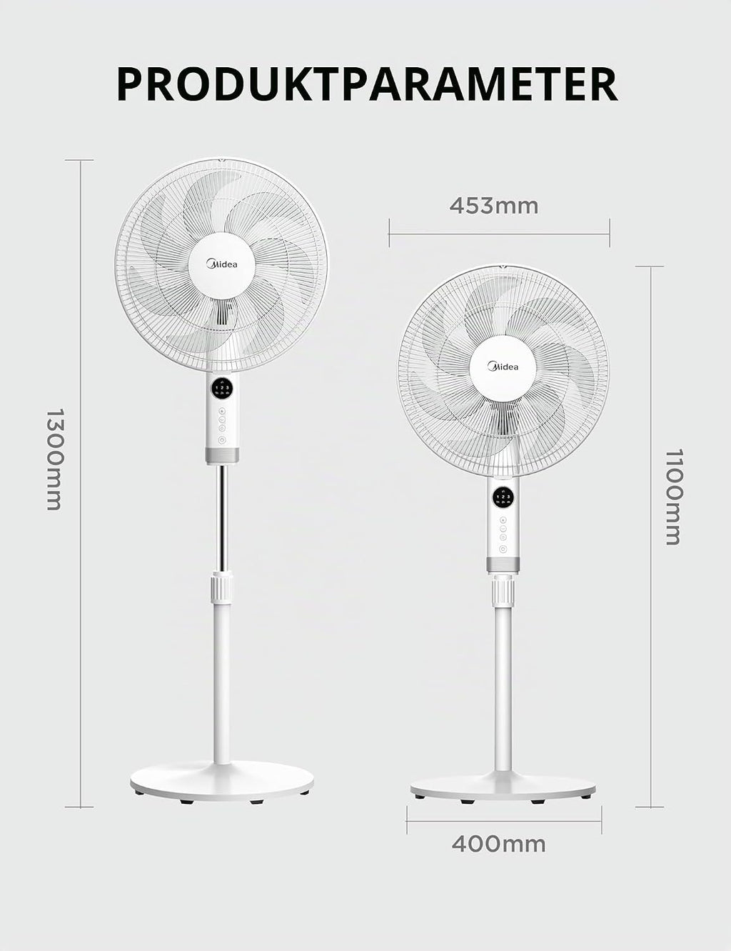 Midea FS40-23MR Standventilator mit 3 Geschwindigkeiten, Teleskophöhe und -größe, Fernbedienung, duales Beschleunigungssystem, 90-Grad-Schwingung nach links und rechts