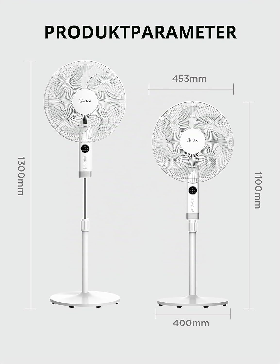 Midea FS40-23MR Standventilator mit 3 Geschwindigkeiten, Teleskophöhe und -größe, Fernbedienung, duales Beschleunigungssystem, 90-Grad-Schwingung nach links und rechts