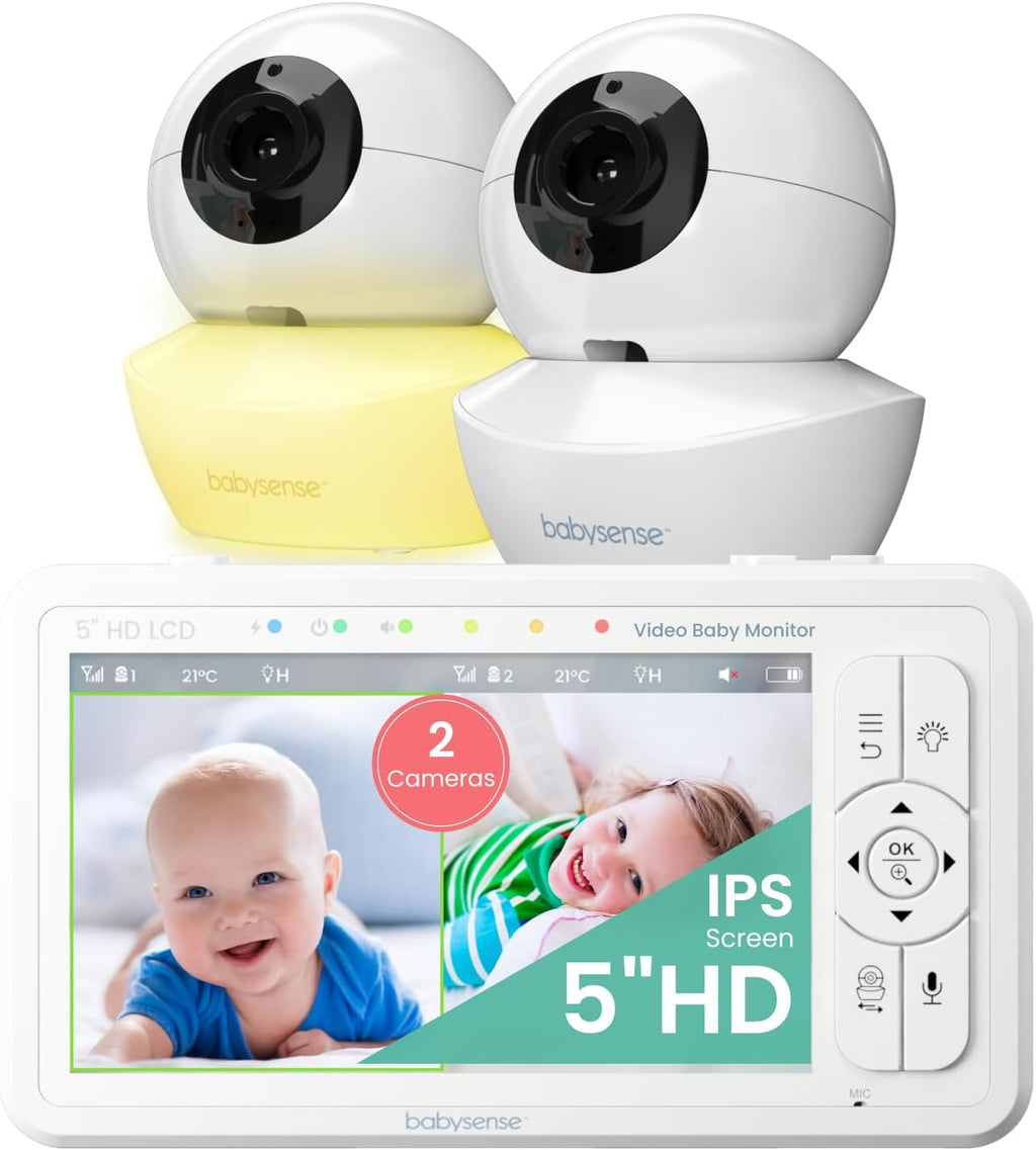 Babysense Baby Monitor HD 5 Inch with 2 Cameras, Video Baby Monitor without WiFi, Night Light, Lullabies, 300 m Range, Two-Way Audio, 4x Zoom, 4000 mAh Battery