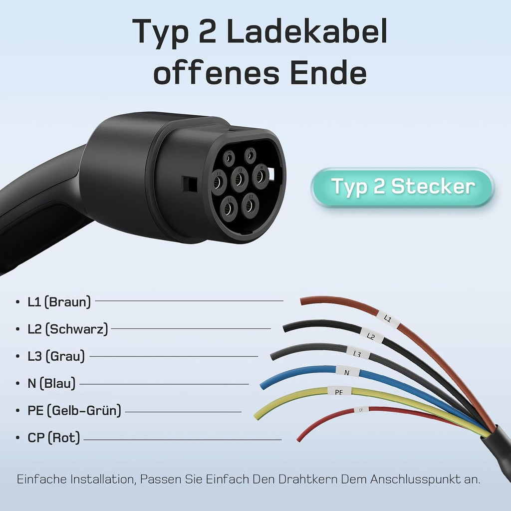 dé Typ 2 Ladekabel offenes Ende 11kW [7,5m| 16A| 3-Phasen] Ladekabel Typ 2 offenes Ende für 11kW Wallbox Ersatzkabel
