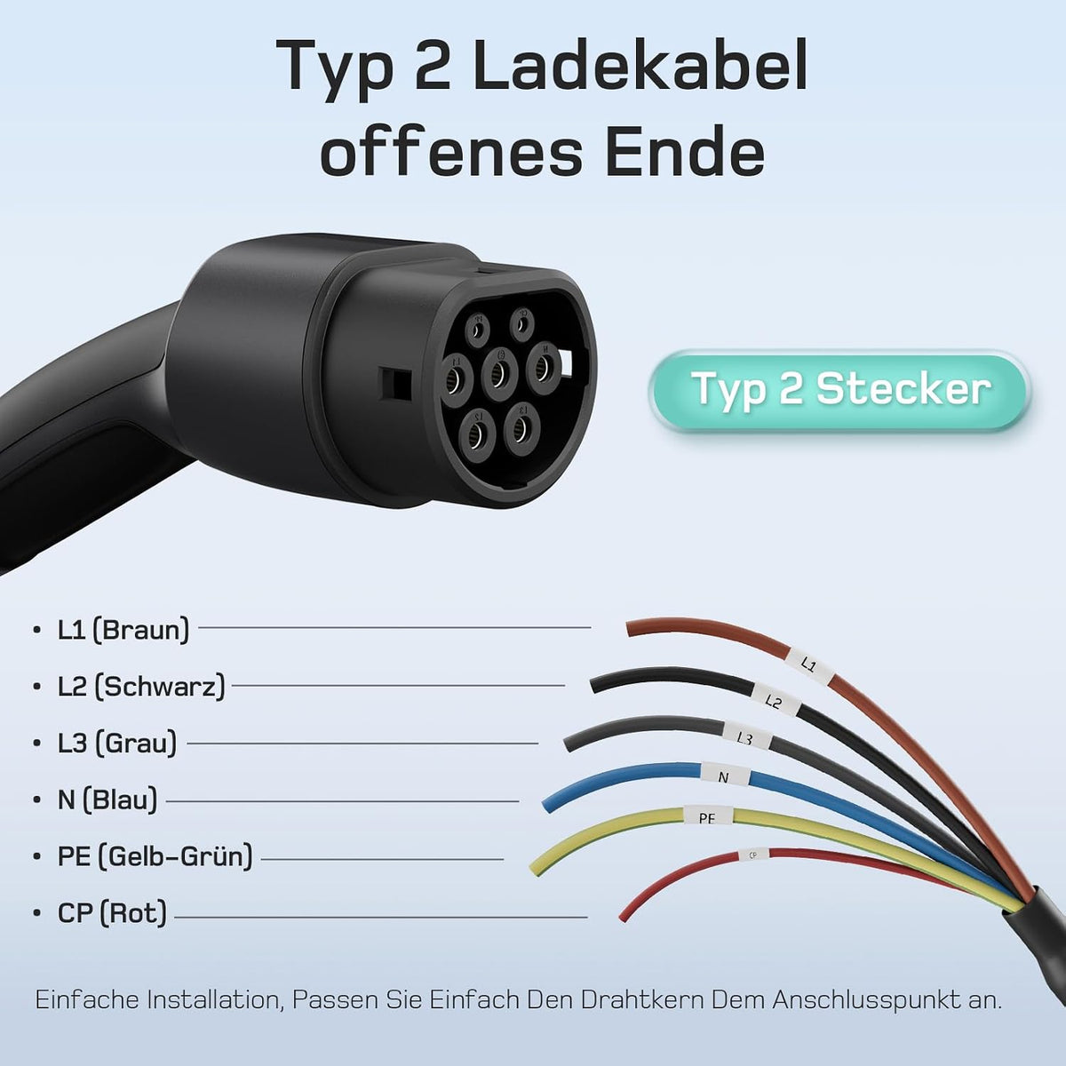 dé Typ 2 Ladekabel offenes Ende 11kW [7,5m| 16A| 3-Phasen] Ladekabel Typ 2 offenes Ende für 11kW Wallbox Ersatzkabel