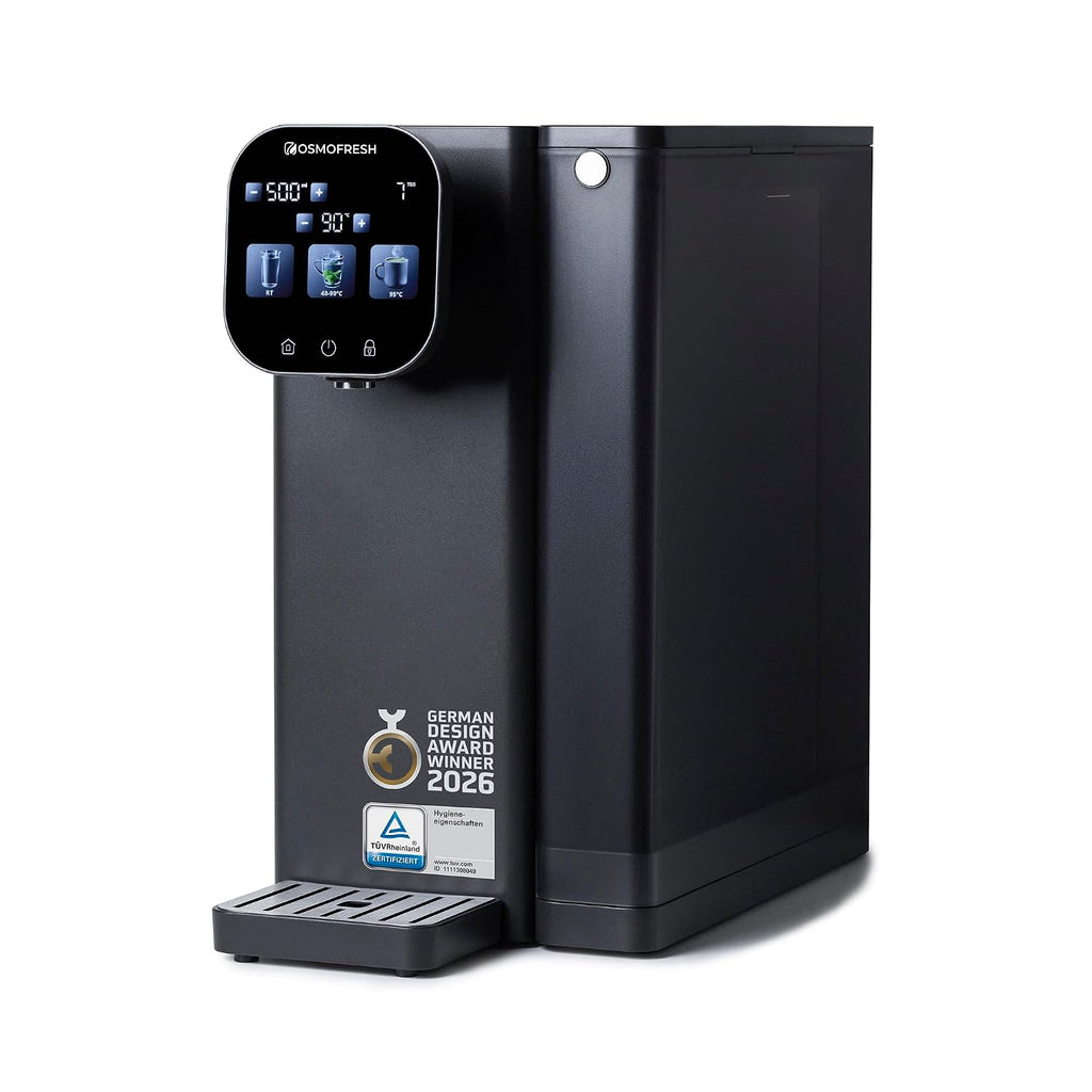 OsmoFresh Fusion Air Countertop Osmosis System, No Installation, Hot Water Dispenser, Filtering & Minerals, Triple UV-C LED, Waste Water Ratio 2:1, TÜV Certified