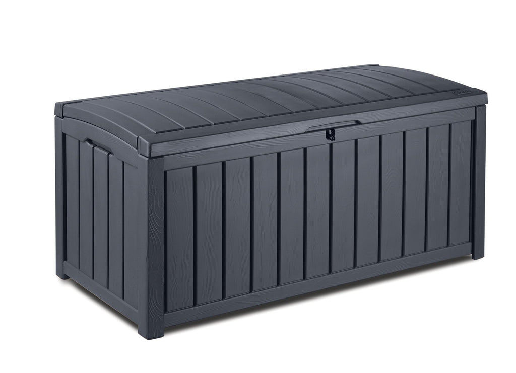 Keter Glenwood Kissenbox, Auflagenbox, 390 Liter Volumen, Wasserdicht, Braun, Holzoptik, Sitzbank für 2 Erwachsene,128x65x61cm, Allzwecktruhe