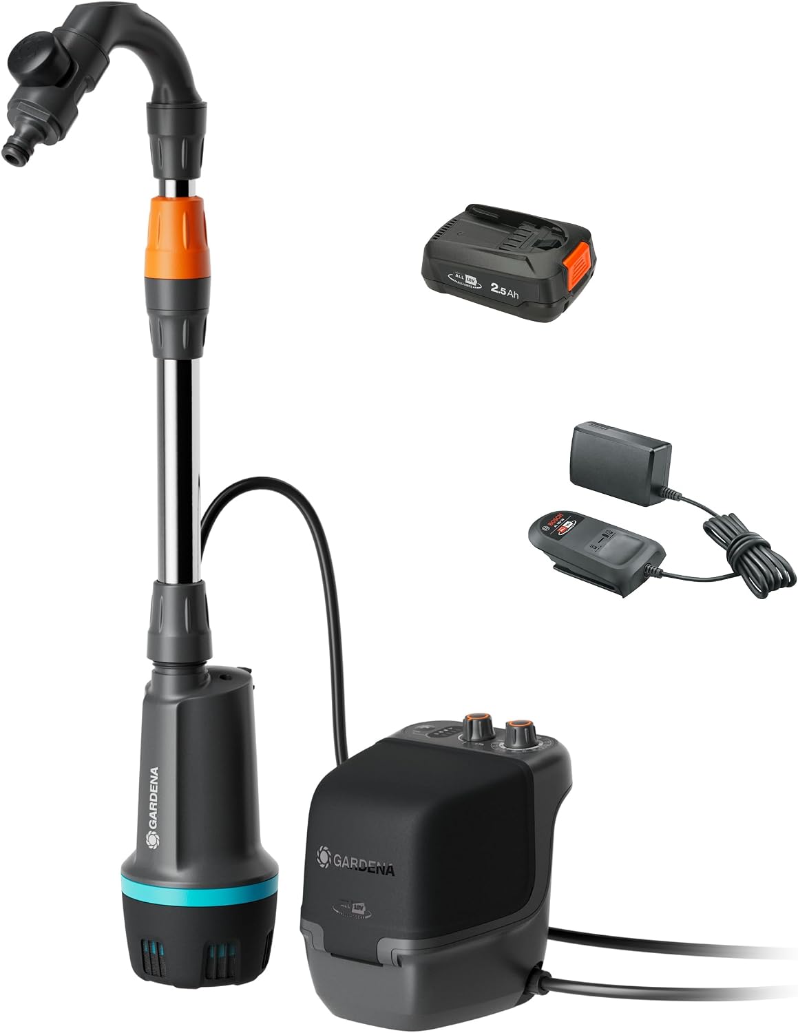 Gardena Akku-Regenfasspumpe 2400 ComfortAutomatic 18V P4A Ready-To-Use Set: Automatikfunktion, Leistungseinstellung, Timerfunktion, Konstanter Druck, Kabellos (14605-20)