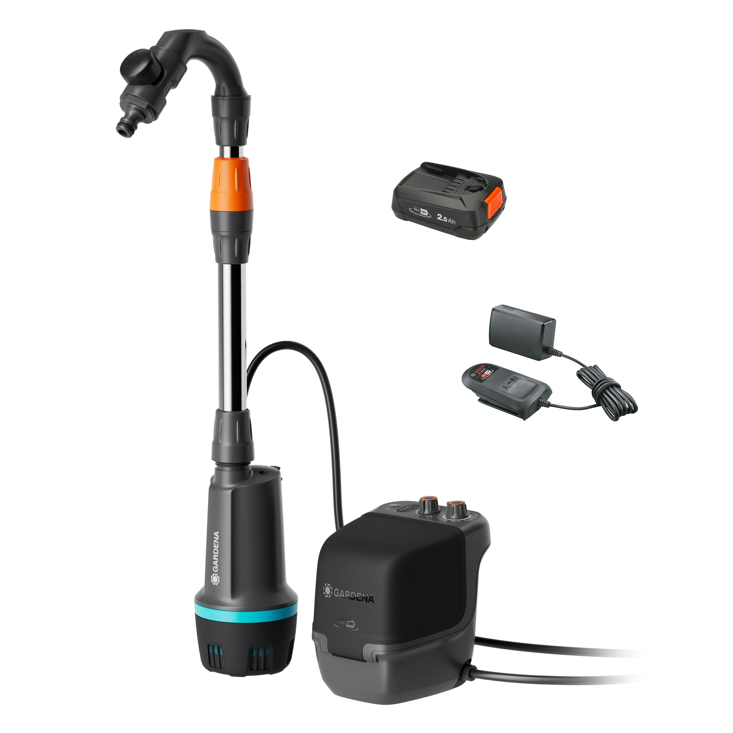 Gardena Akku-Regenfasspumpe 2400 ComfortAutomatic 18V P4A Ready-To-Use Set: Automatikfunktion, Leistungseinstellung, Timerfunktion, Konstanter Druck, Kabellos (14605-20)