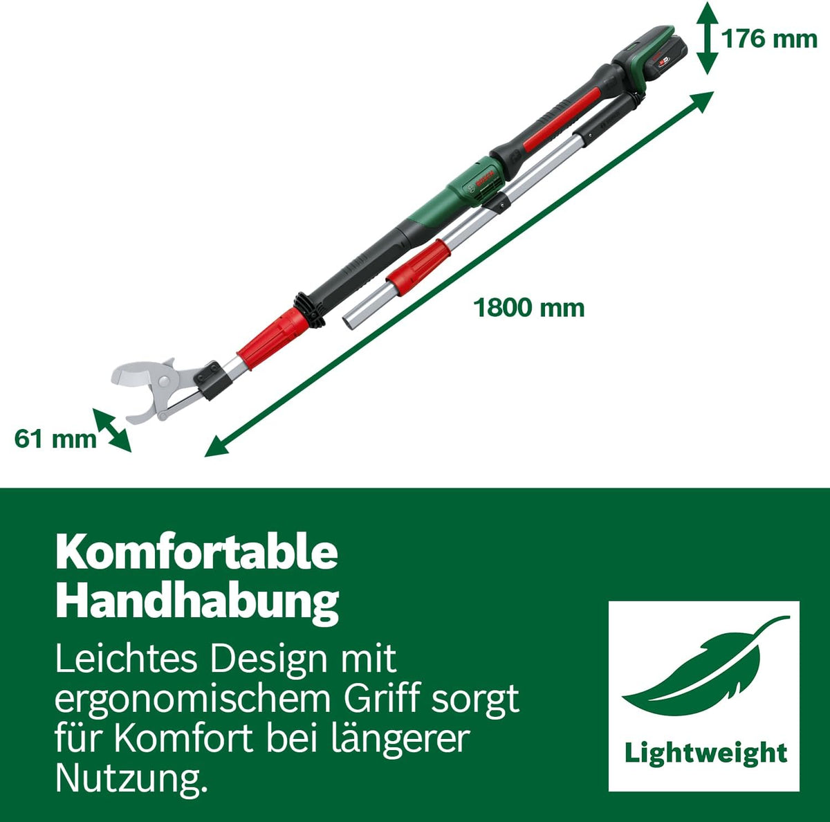 Bosch Akku-Gartenschere AdvancedPrune 18V-45 (für müheloses Schneiden von Ästen bis 45 mm; 18-Volt-System; bis zu 600 Schnitte; mit Verlängerungsstange, ohne Akku oder Ladegerät)