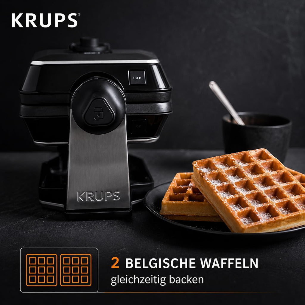 KRUPS Doppelwaffeleisen Professional, drehbares Waffeleisen für 2 belgische Waffeln, knusprig & gleichmäßig backen, 7 Bräunungsstufen und Antihaftbeschichtung, spülmaschinengeeignet, Edelstahl/Schwarz