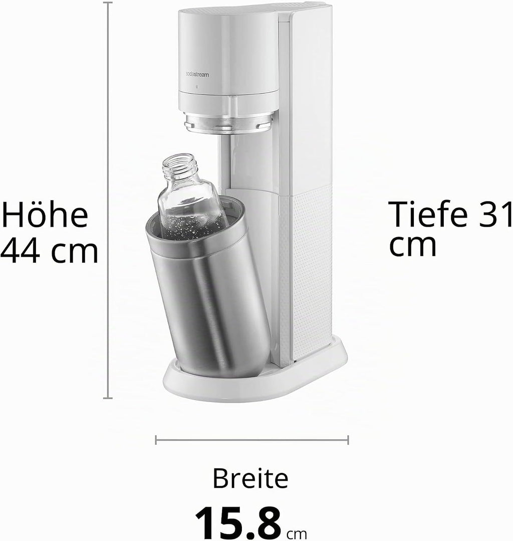 SodaStream Duo Sprudelmaschine, mit 1 Liter wiederverwendbarer BPA-freier Kunststoff-Wasserflasche, 1 L Glaskaraffe zum Karbonisieren und 60 Liter CO2-Gasflasche mit Schnellanschluss, Weiß