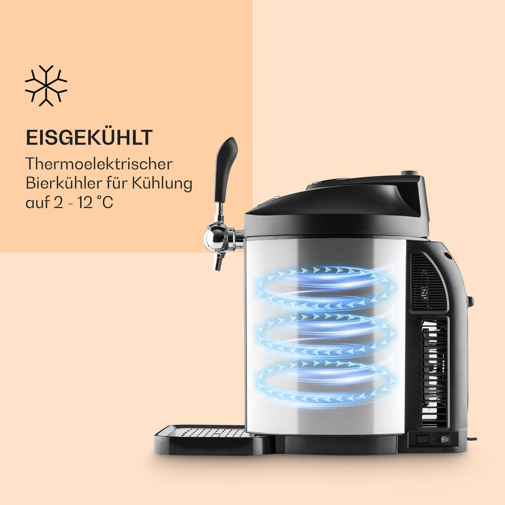 Klarstein Skal – Universal Beer Dispenser with Integrated Beer Cooler, Cooling to 2-12 °C, Beer Dispenser 5 Litres with Cooling. Thermoelectric Cooling System, 38 dB, Grey Silver