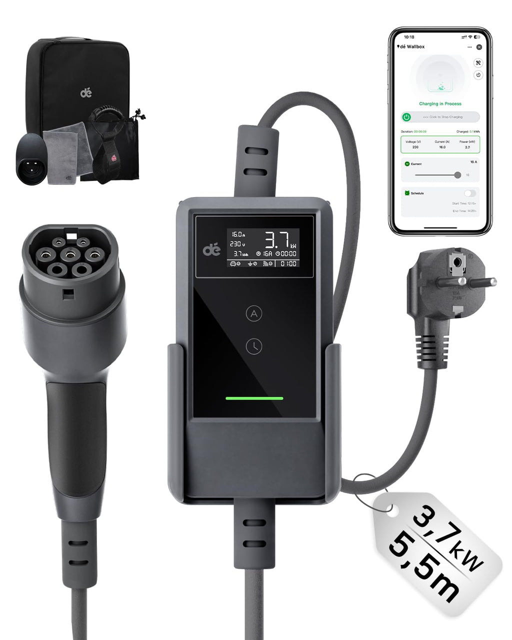 dé Typ 2 Ladekabel Schuko mit APP 3,7kW 7m, 6-16A einstellbar, schwarz
