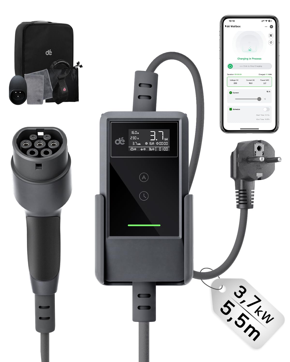 dé Typ 2 Ladekabel Schuko mit APP 3,7kW 7m, 6-16A einstellbar, schwarz