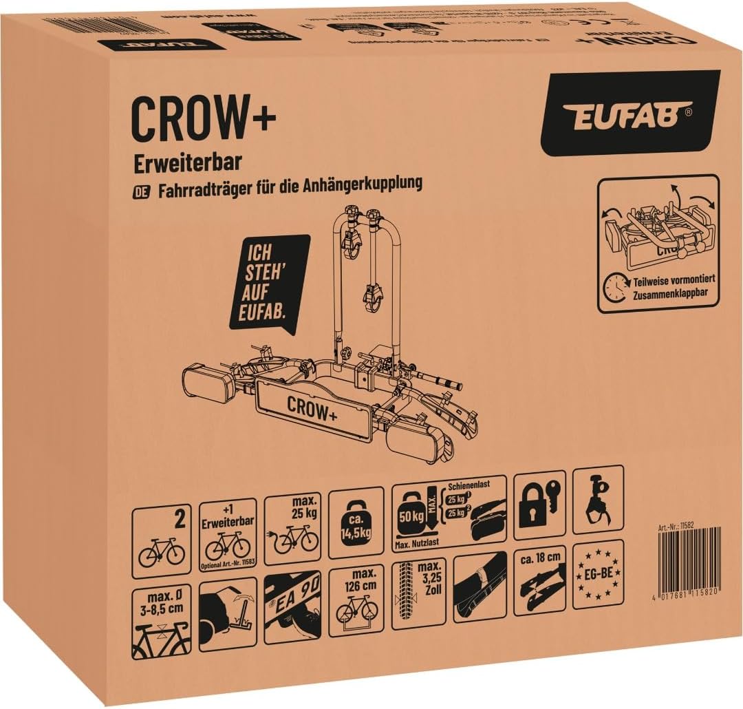 EUFAB 11582, Fahrradträger Crow Plus erweiterbar, Schwarz