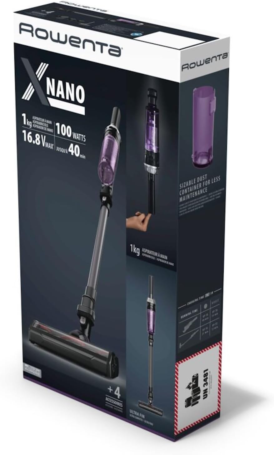 Rowenta X-Nano kabelloser Akkustaubsauger, Lithium-Ionen Batterie, Ultraleicht, 2-in-1 Stabstaubsauger & Handstaubsauger kabellos, bis zu 40 Min. Laufzeit, inkl. Zubehör, grau-lila, RH1128