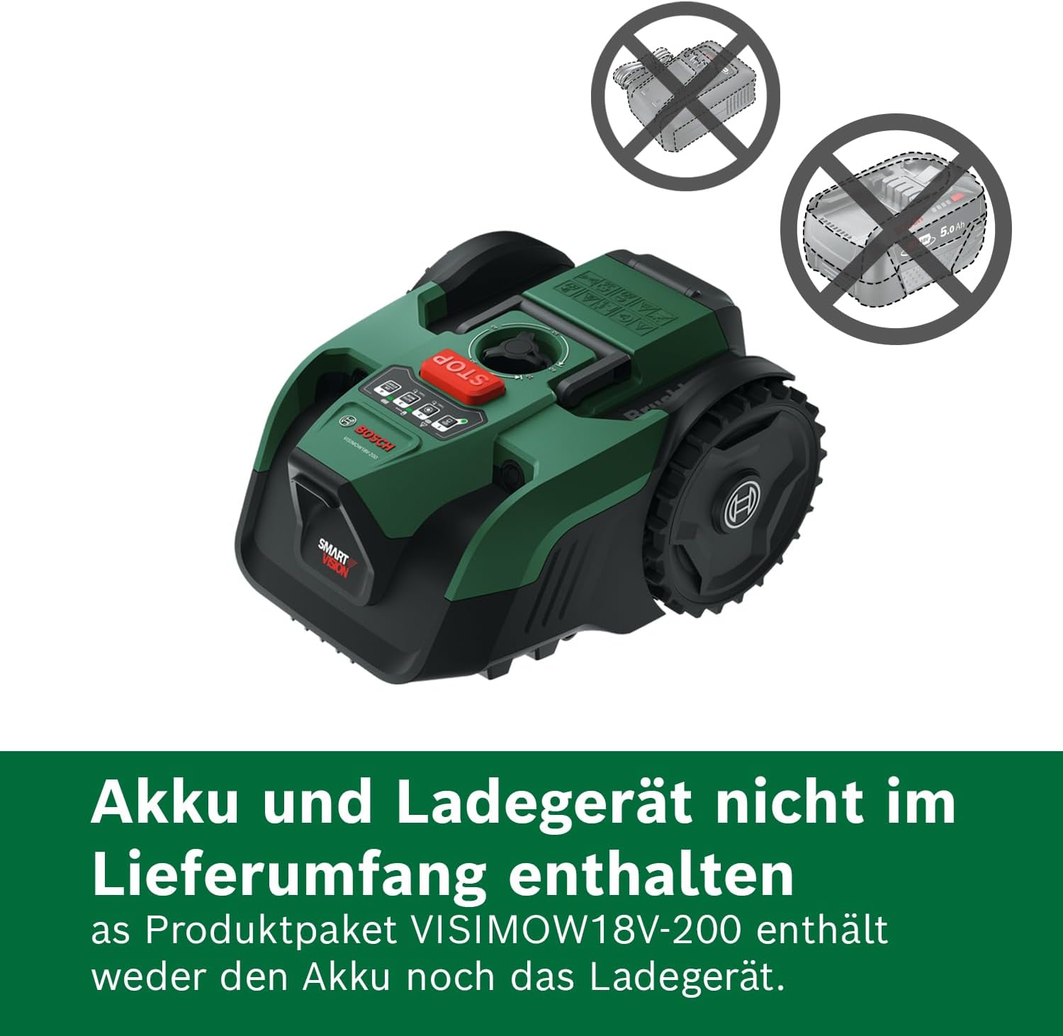 Bosch Akku-Mähroboter VISIMOW18V-200 (für Rasenflächen bis 200 m², Schnittbreite: 18 cm, Schnitthöhe: 20-60 mm, ohne Akku)