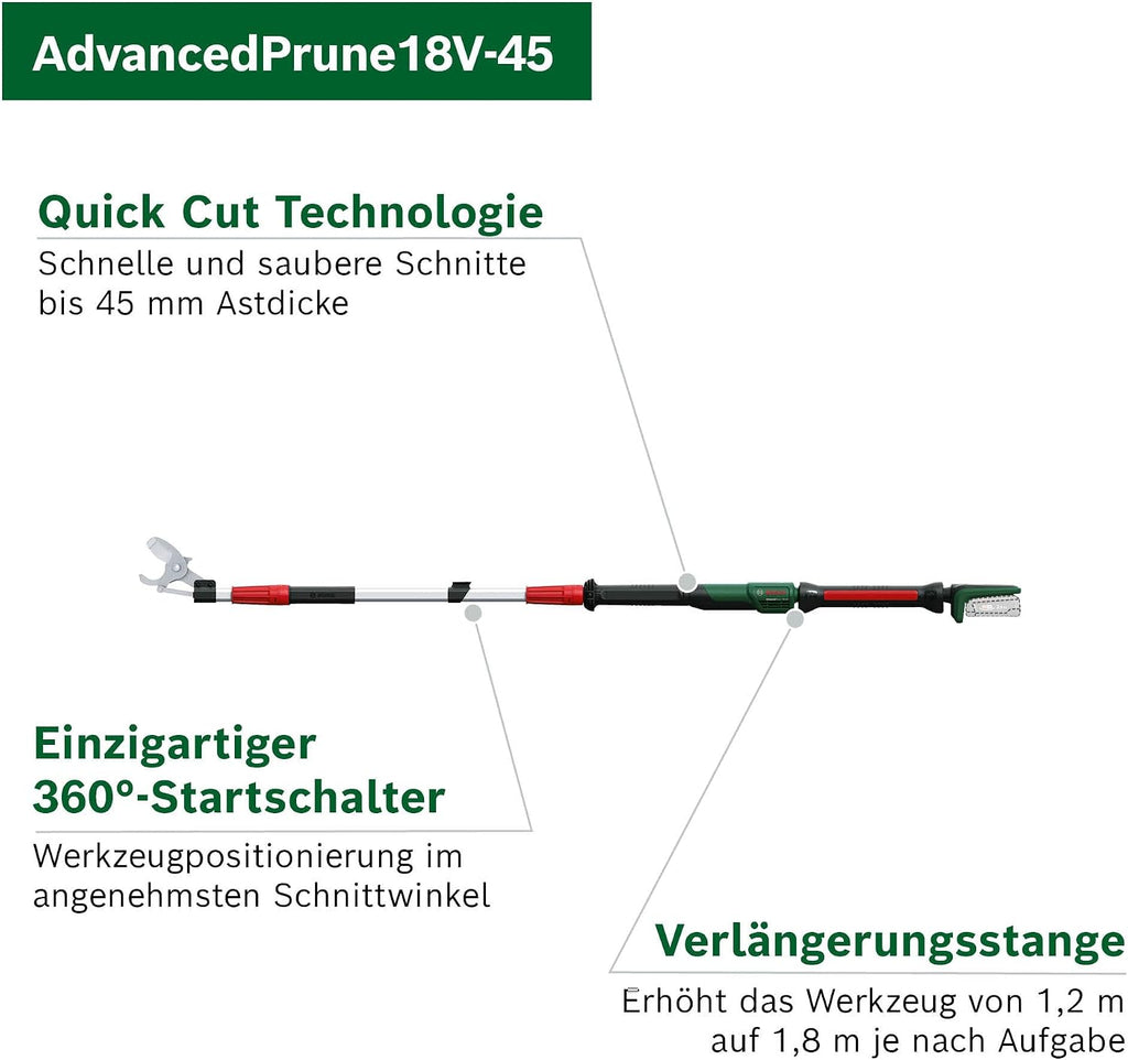 Bosch Akku-Gartenschere AdvancedPrune 18V-45 (für müheloses Schneiden von Ästen bis 45 mm; 18-Volt-System; bis zu 600 Schnitte; mit Verlängerungsstange, ohne Akku oder Ladegerät)
