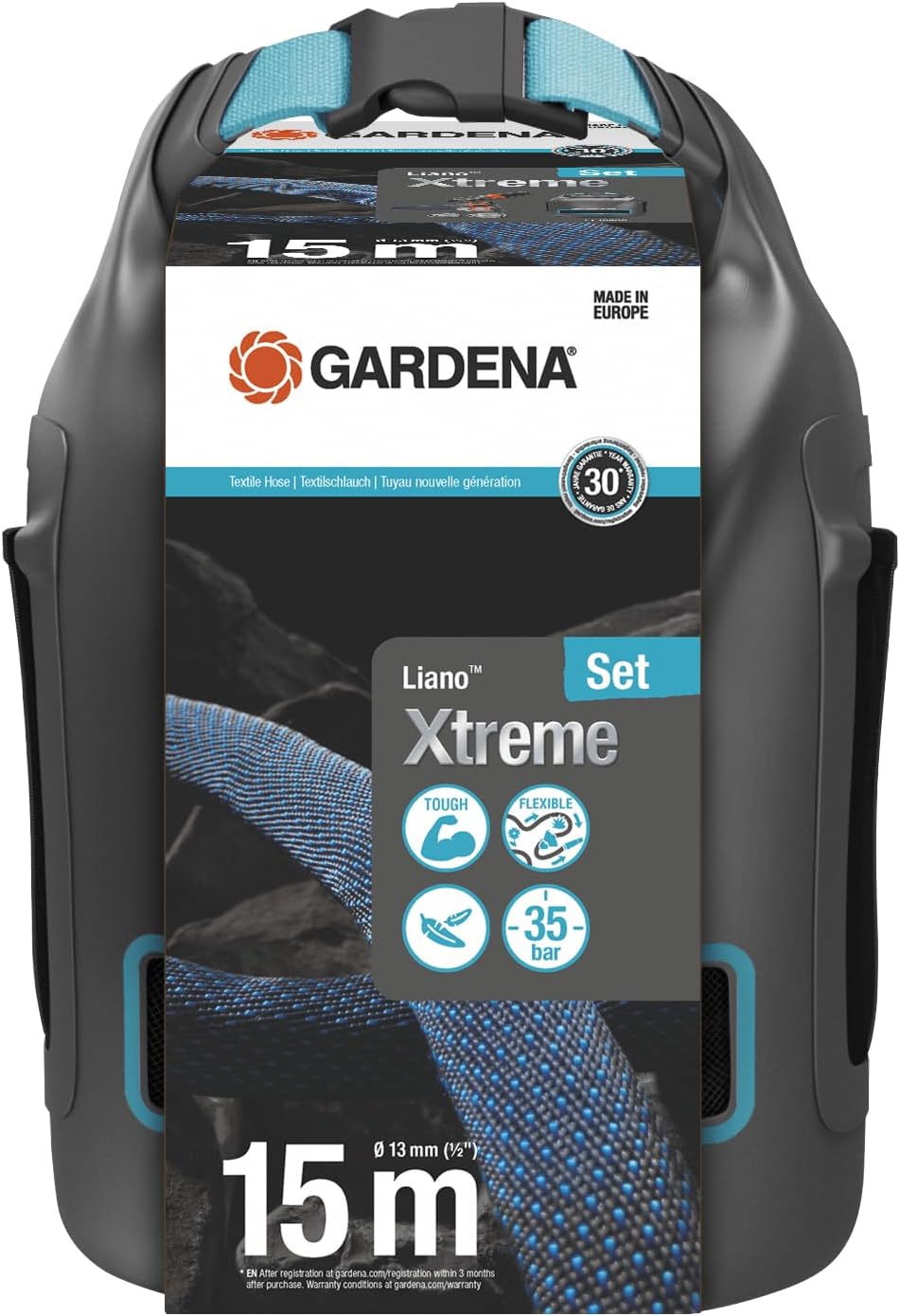 Gardena Liano Xtreme 1/2 Zoll, 15m Set + Tasche: Extrem robuster Gartenschlauch aus Textilgewebe mit Tasche, mit PVC-Innenschlauch, leichtgewichtig, wetterbeständig (18468-20)