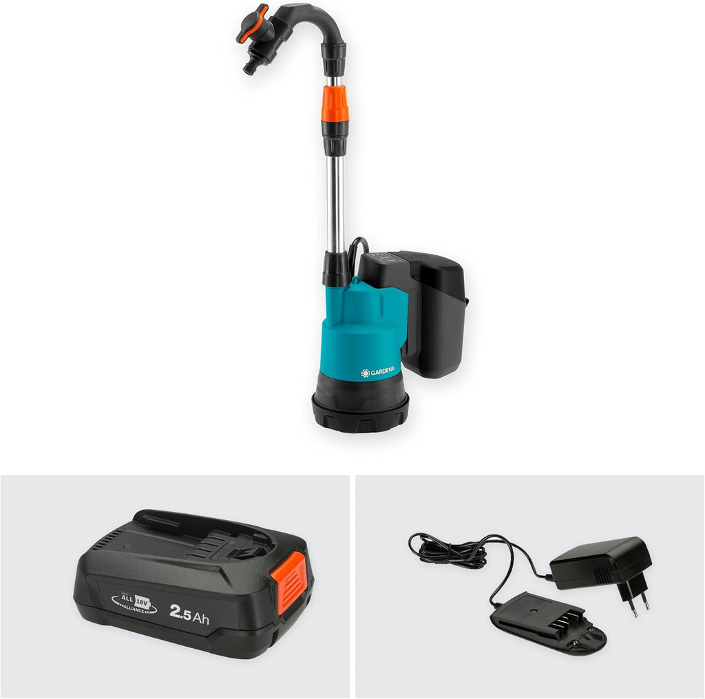 Gardena Akku-Regenfasspumpe 2000/2 18V P4A Ready-To-Use Set: Hohe Fördermenge und Druck, Verstellbare Leistungsstufen, Trockenlaufsicherung, Teleskoprohr, Kabellos (14602-20)