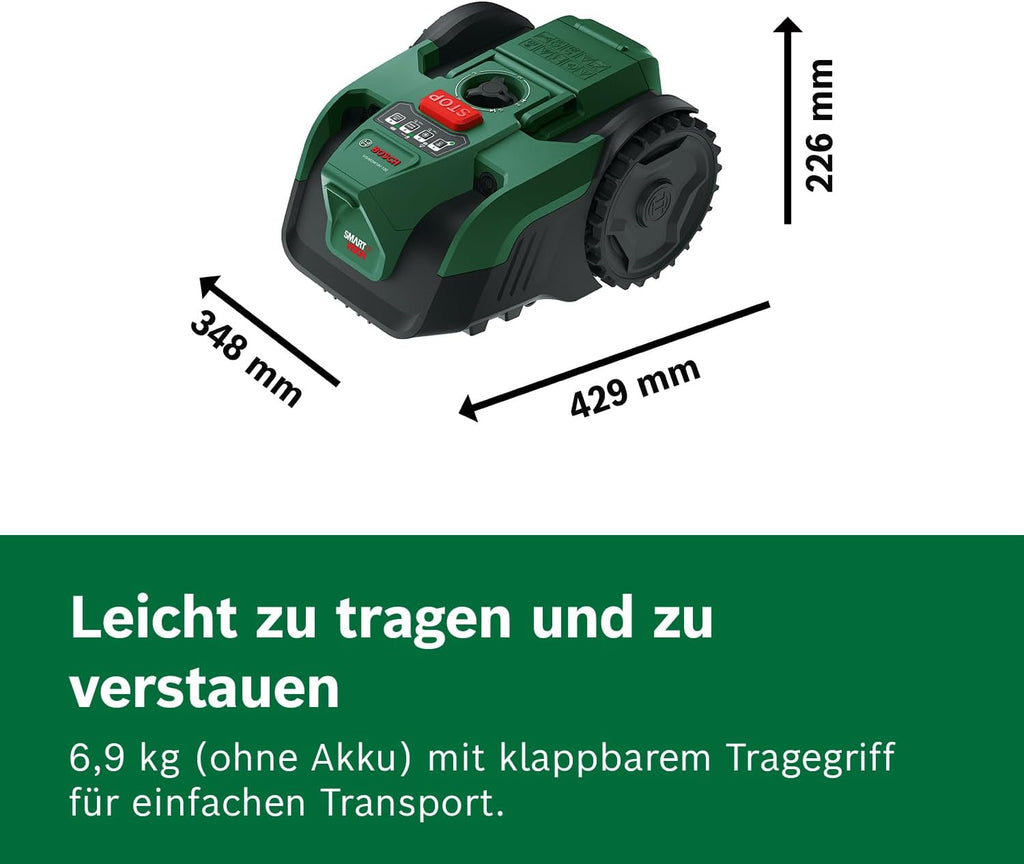 Bosch Akku-Mähroboter VISIMOW18V-100 (für Rasenflächen bis 100 m², Schnittbreite: 16 cm, Schnitthöhe: 20-60 mm, mit Ersatzmessern, inkl. Akku und Ladegerät)