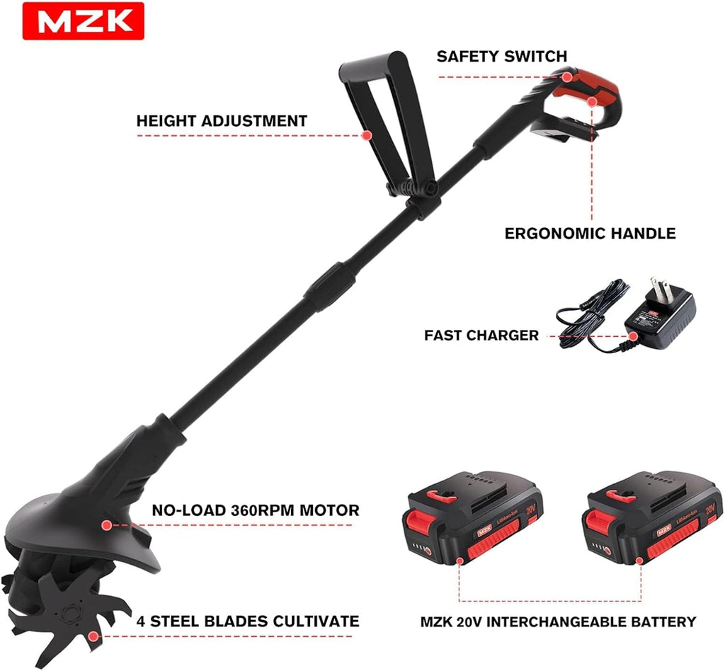 MZK 20 V Cordless Ground Tiller, 19 cm Working Width, 360 rpm, Cordless Garden Tiller with 24 Steel Tines for Lawn, Garden & Tillage
