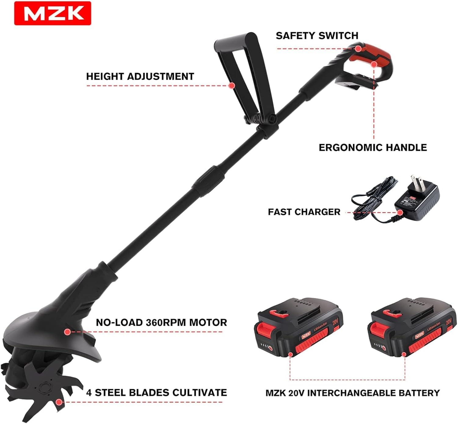 MZK 20 V Cordless Ground Tiller, 19 cm Working Width, 360 rpm, Cordless Garden Tiller with 24 Steel Tines for Lawn, Garden & Tillage