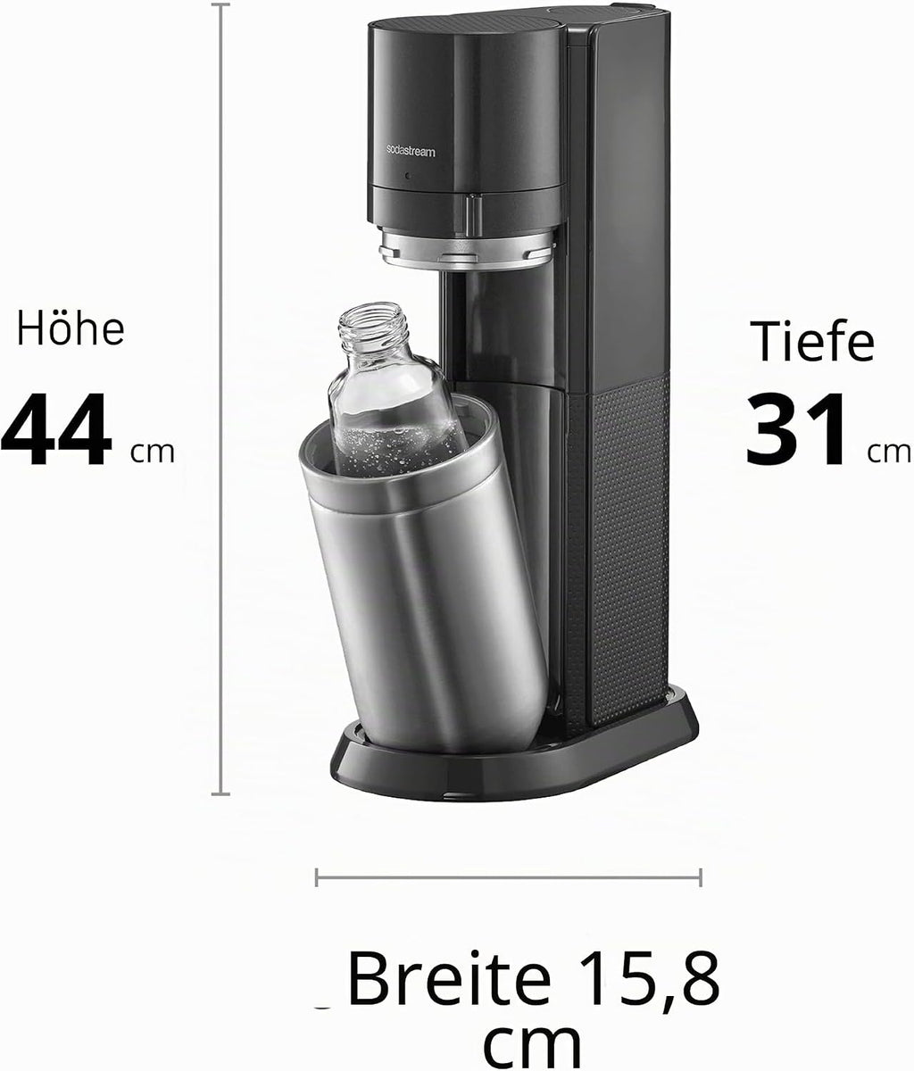 Sodastream Duo Sprudelwasser und Soda Maschine für Glaskanne | 1 Stück Glaskrug 1L + 1 Flasche 1L Edelstahl Finish Geschirrspüler + 1 60L Gas Nachfüllclip | Schwarz