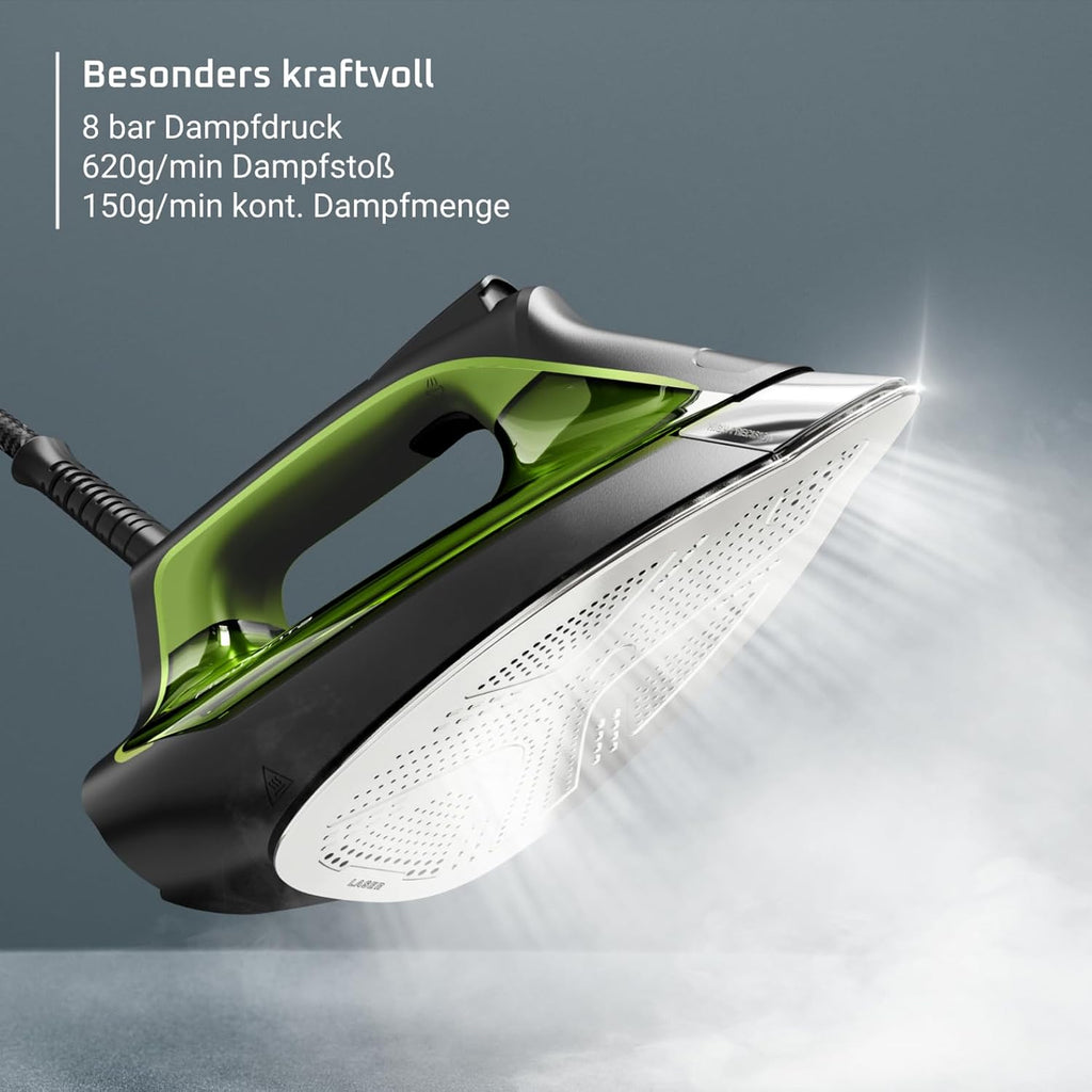 Rowenta Silence Steam Pro Dampfbügelstation, 2800 W, Dauerdampfmenge 150 g/Min, extra Dampfstoß 620 g/min, Eco-Funktion, 1300 ml abnehmbarer Wassertank, Schwarz/Grün, DG9248