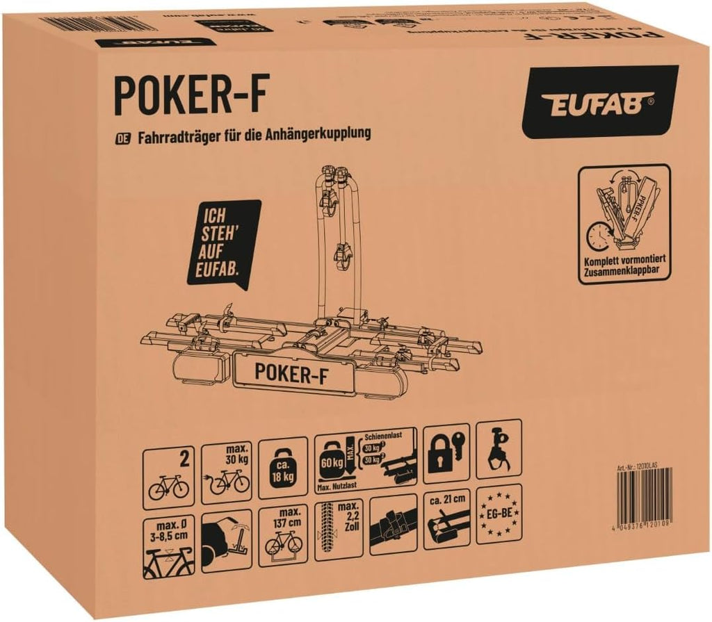 EUFAB 12010LAS Fahrradträger POKER-F, E-Bike geeignet, komplett vormontiert, Diebstahlschutz, für 2 Fahrräder, für Anhängerkupplung, Schwarz, 142 x 70 x 58 cm