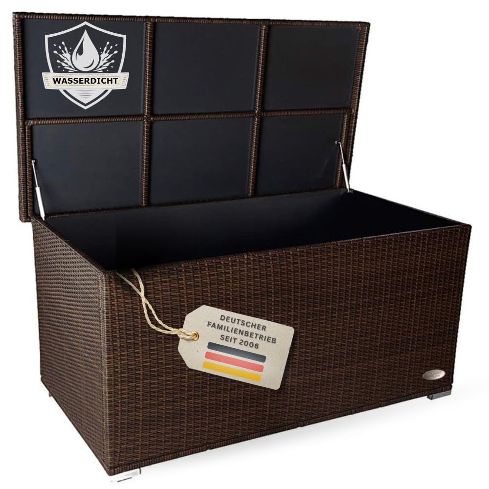 RS Trade Auflagenbox Wasserdicht XXL, 950l, Schwarz, Gartenbox, Aufbewahrungsbox Garten, Kissenbox Outdoor, Gartentruhe, Große Gartenkiste für Polster, Wetterfeste Garten-Aufbewahrung, Polyrattan