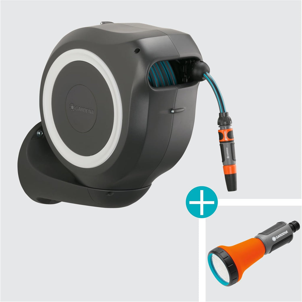 Gardena Wand-Schlauchbox RollUp M 20 m: Flexible Bewässerung für mittelgroße Gärten, schwenkbare Schlauchtrommel, mit Wandhalterung, Systemteilen und Spritze inkl. 20 m Gardena Schlauch (18612-60)