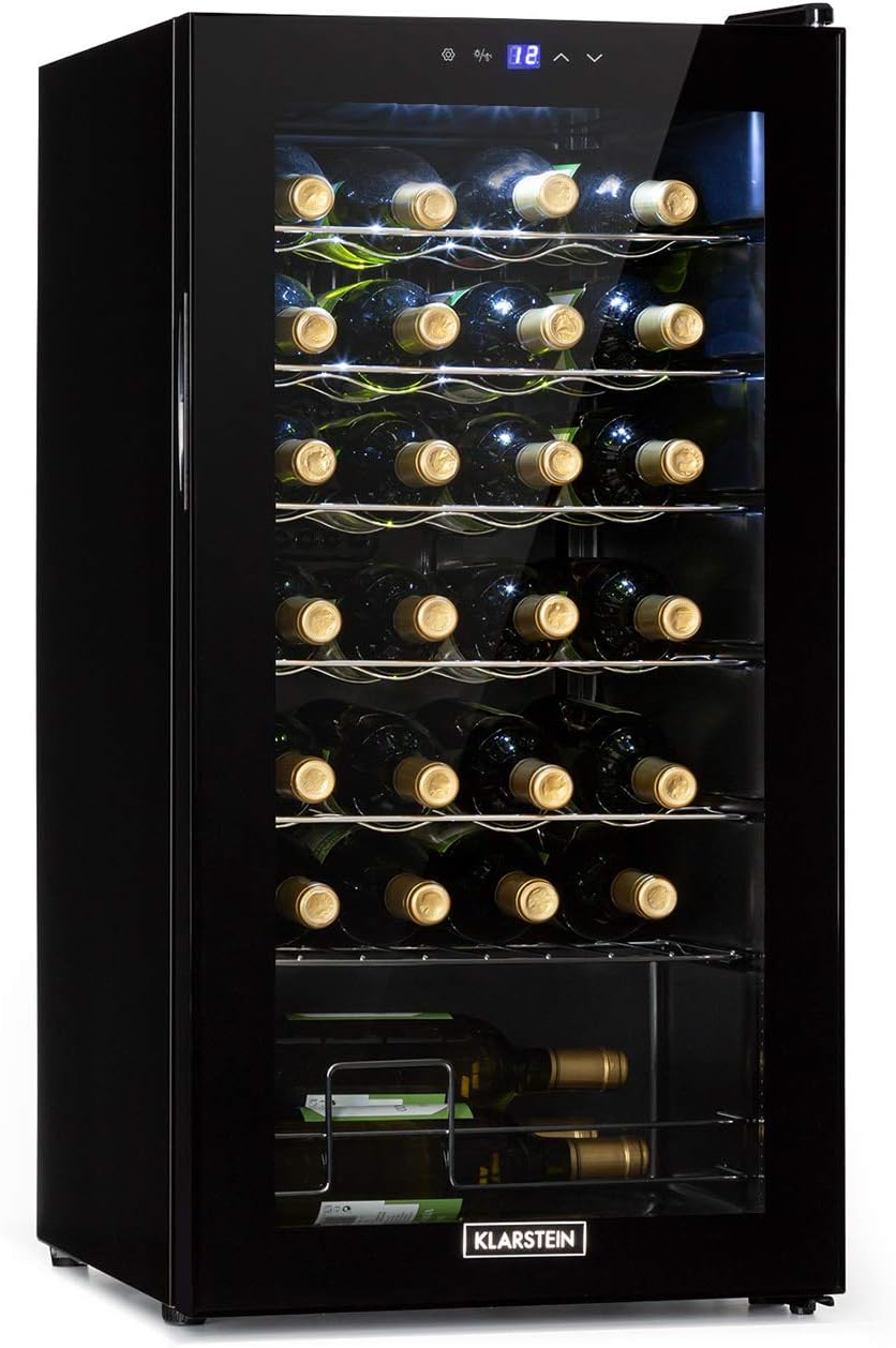 Klarstein Shiraz Wine Refrigerator Black - 28 Bottles, 74 L, 1 Zone | Beverage Fridge with Glass Door, Freestanding, Quiet, 5-18°C, LED, Stainless Steel Frame, Slim
