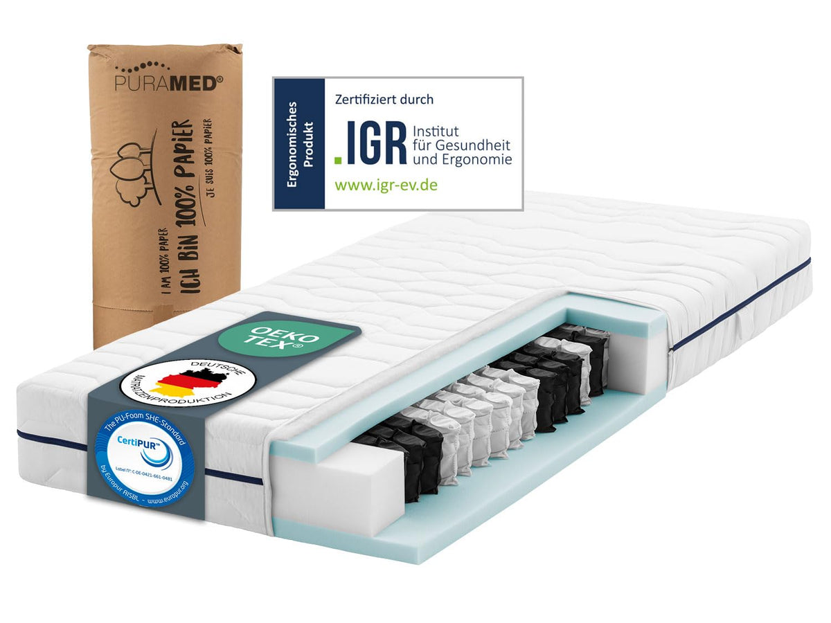 PURAMED Taschenfederkernmatratze 90x200 cm | Härtegrad H3 | Höhe 20 cm | ergonomische 7-Zonen Matratze | waschbarer Mikrofaser-Bezug | Oeko-TEX® & CertiPUR Zertifiziert | produziert in Deutschland