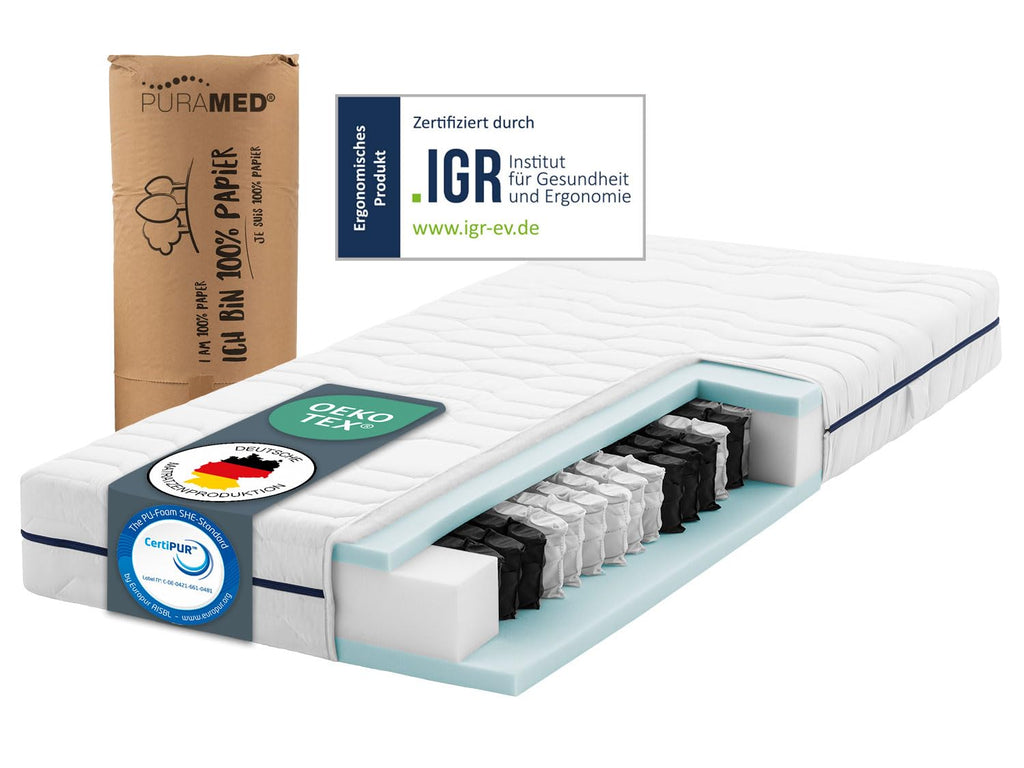 PURAMED Taschenfederkernmatratze 90x200 cm | Härtegrad H3 | Höhe 20 cm | ergonomische 7-Zonen Matratze | waschbarer Mikrofaser-Bezug | Oeko-TEX® & CertiPUR Zertifiziert | produziert in Deutschland