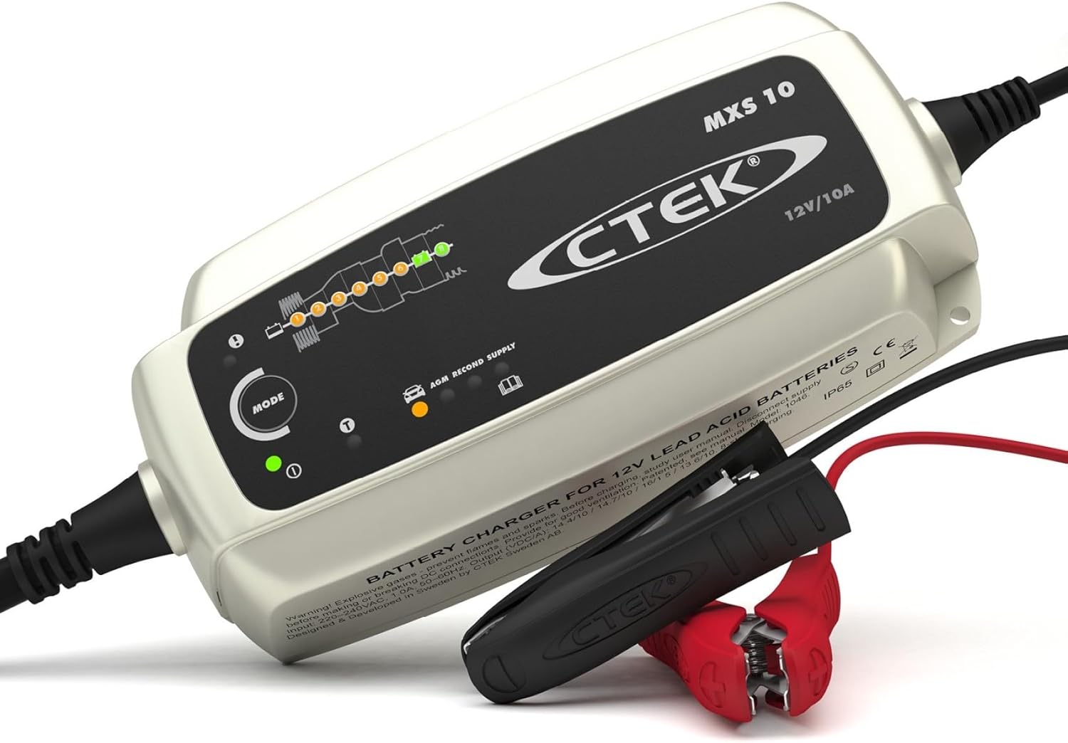 CTEK MXS 10 Batterieladegerät für Größere Fahrzeugbatterien, Batterieladegerät Boot, Wohnwagen, Schwarz, Silber, Rot