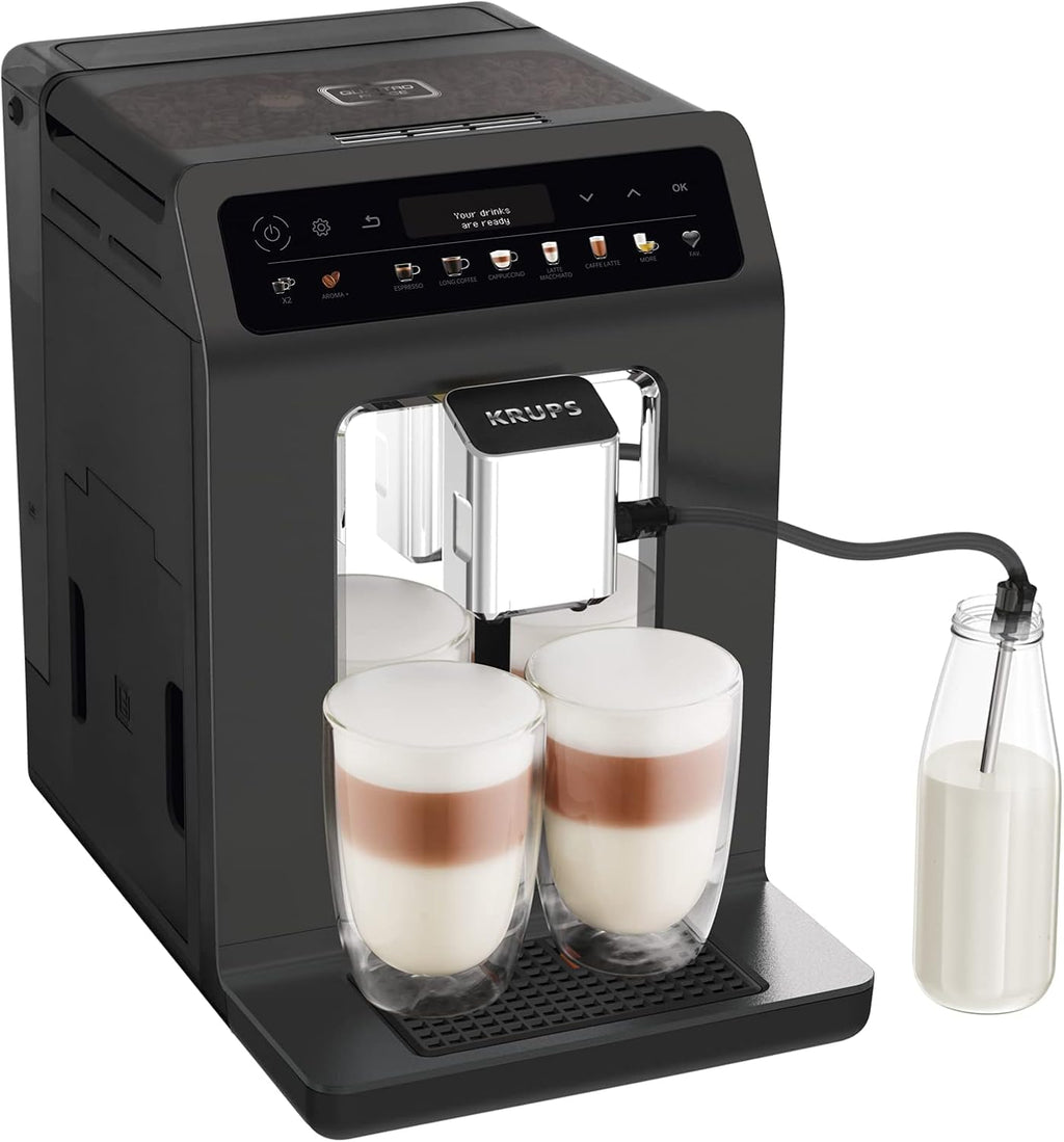 KRUPS Evidence One Kaffeevollautomat mit Milchschlauch, One-Touch-Cappuccino, 12 Getränkespezialitäten, 2-Tassen-Funktion, Farbdisplay, Kaffeemaschine, TÜV-Siegel, Schwarz, EA895N10