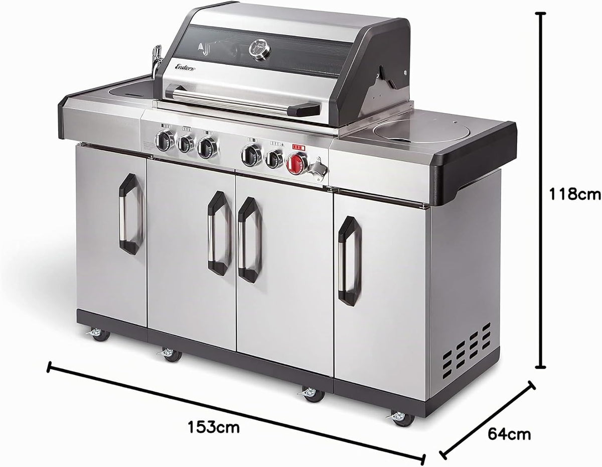 Enders Gasgrill Kansas II Pro 4 SIK Profi Turbo, 4 Brenner mit doppelwandiger Garhaube und Switch Grid - mit Turbo Zone (800 °C)-Gas Grill mit Backburner & Infrarotbrenner, Silber