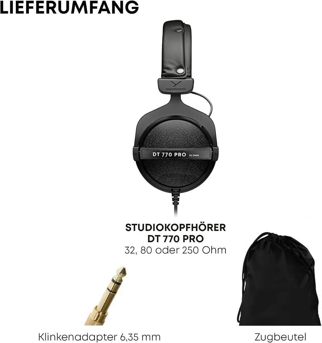 Beyerdynamic DT 770 PRO Over-Ear Studio Headphones in Black Closed design, wired for professional recording and monitoring. | Closed design, 80 ohm impedance, bass reflex system, velour ear pads, interchangeable parts, made in Germany