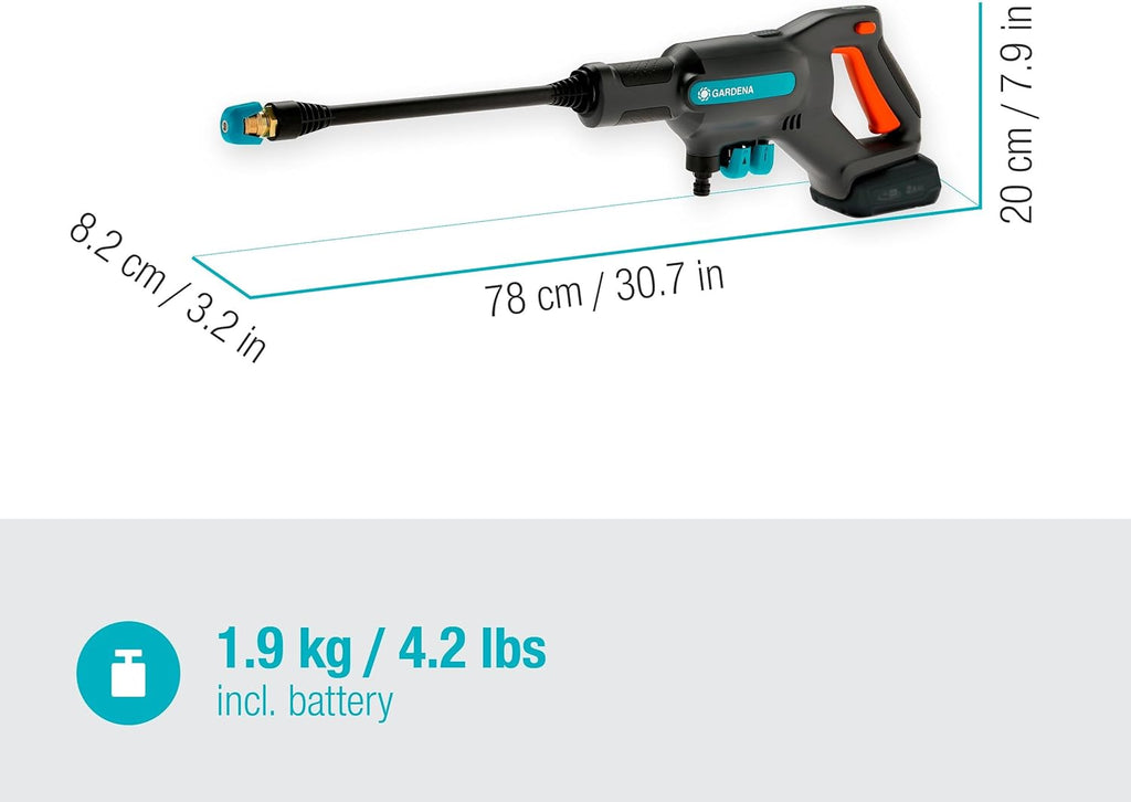 Gardena Akku-Druckreiniger AquaClean 24/18V P4A Premium Set: Zusätzliches Zubehör, Verstellbarer Wasserdruck, Düsenaufsätze, 3 Reinigungsmodi, Kabellos (14800-31)