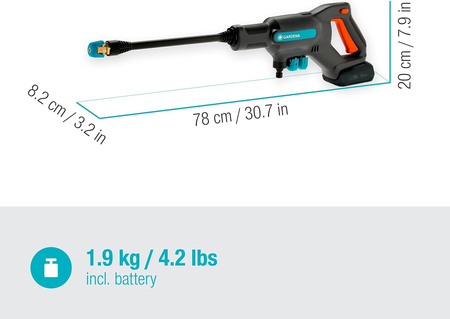 Gardena Akku-Druckreiniger AquaClean 24/18V P4A Premium Set: Zusätzliches Zubehör, Verstellbarer Wasserdruck, Düsenaufsätze, 3 Reinigungsmodi, Kabellos (14800-31)