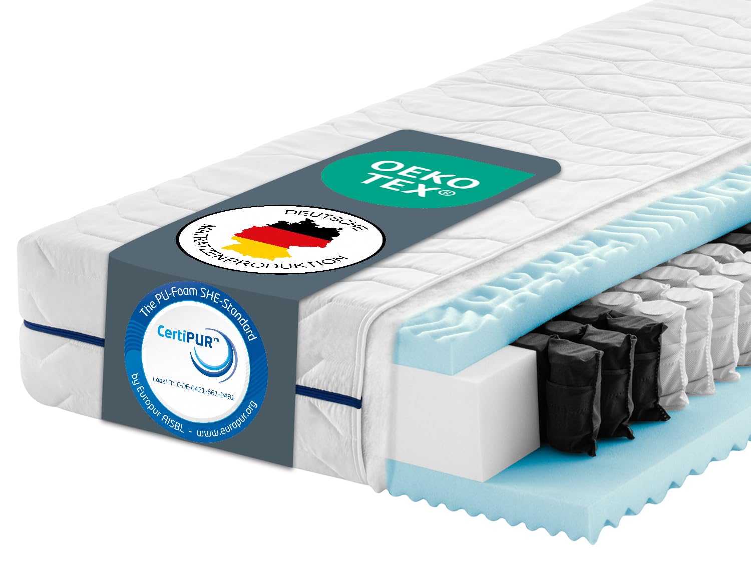 PURAMED Taschenfederkernmatratze 90x200 cm | Härtegrad H3 | Höhe 20 cm | ergonomische 7-Zonen Matratze | waschbarer Mikrofaser-Bezug | Oeko-TEX® & CertiPUR Zertifiziert | produziert in Deutschland
