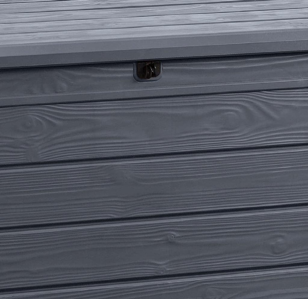 Keter Brightwood Gartenbox 455L - Aufbewahrungsbox mit Sitzfunktion für 2 Personen - Wetterbeständige Terrassenbox in Holzoptik Grau