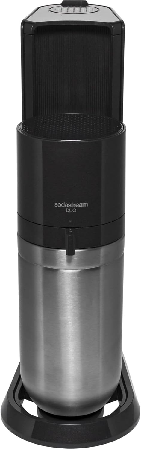 SodaStream Duo Sprudelmaschine, mit 1 Liter wiederverwendbarer BPA-freier Kunststoff-Wasserflasche, 1 L Glaskaraffe zum Karbonisieren und 60 Liter CO2-Gasflasche mit Schnellanschluss, Weiß