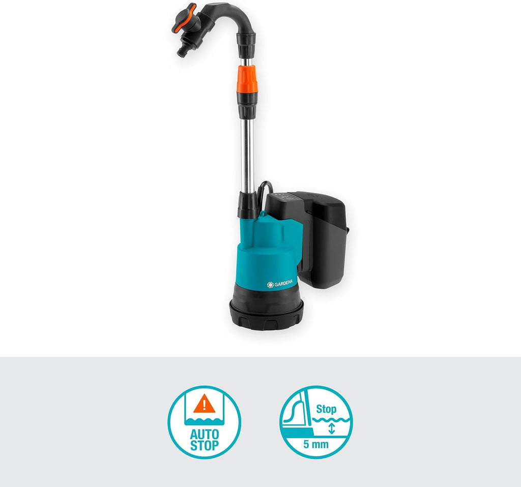Gardena Akku-Regenfasspumpe 2000/2 18V P4A Ready-To-Use Set: Hohe Fördermenge und Druck, Verstellbare Leistungsstufen, Trockenlaufsicherung, Teleskoprohr, Kabellos (14602-20)