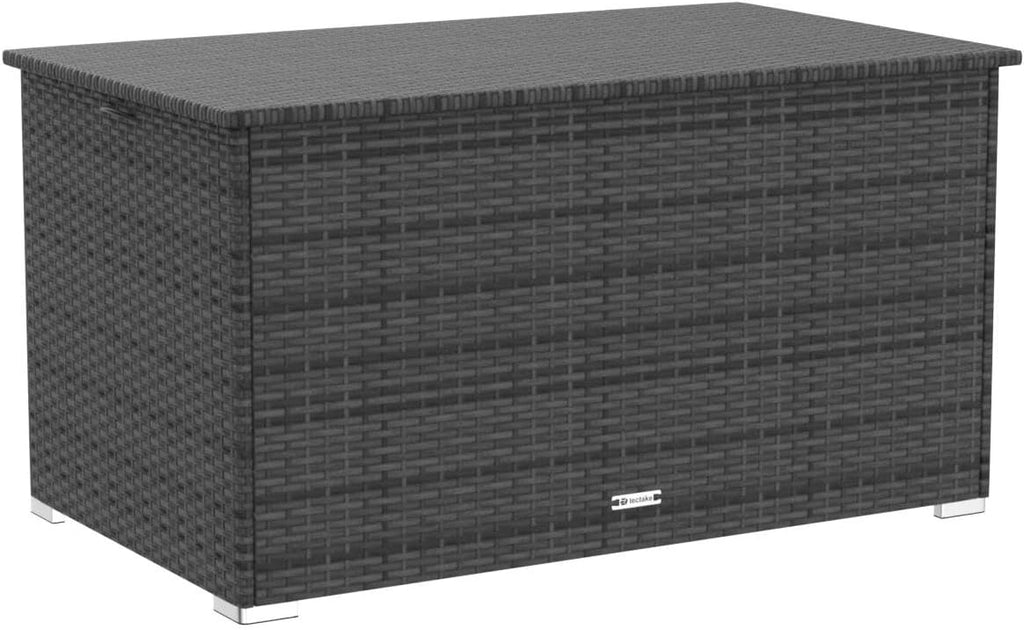 tectake® Aluminium Polyrattan Aufbewahrungsbox mit Deckel, 750L, Gartenkiste wetterfest, Gartenbox mit Gasdruckfedern, Garten Auflagenbox, UV-beständig, rostfrei, Stauraum, 145x82,5x79,5 cm - grau