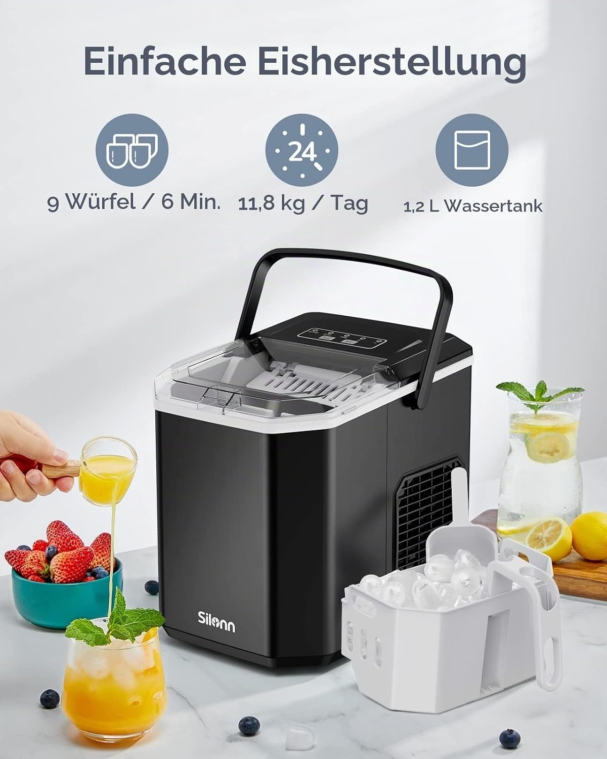 Silonn Ice Cube Machine with Handle Ice Cube Basket - Portable & Self-Cleaning, Mini Ice Maker 9 Ice Cubes / 6 Minutes 12 kg/day, Easy to Remove Ice Cubes and Use Anywhere
