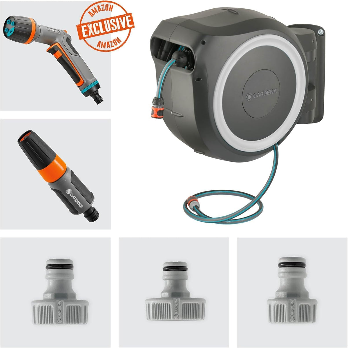 Gardena Wand-Schlauchbox RollUp L (weiß) 30 m exklusiv für Amazon: Schwenkbare Schlauchbox, integrierte Schlauchführung, inkl. 30 m Gardena Qualitätsschlauch, Reinigungsspritze und Brause (18627-38)